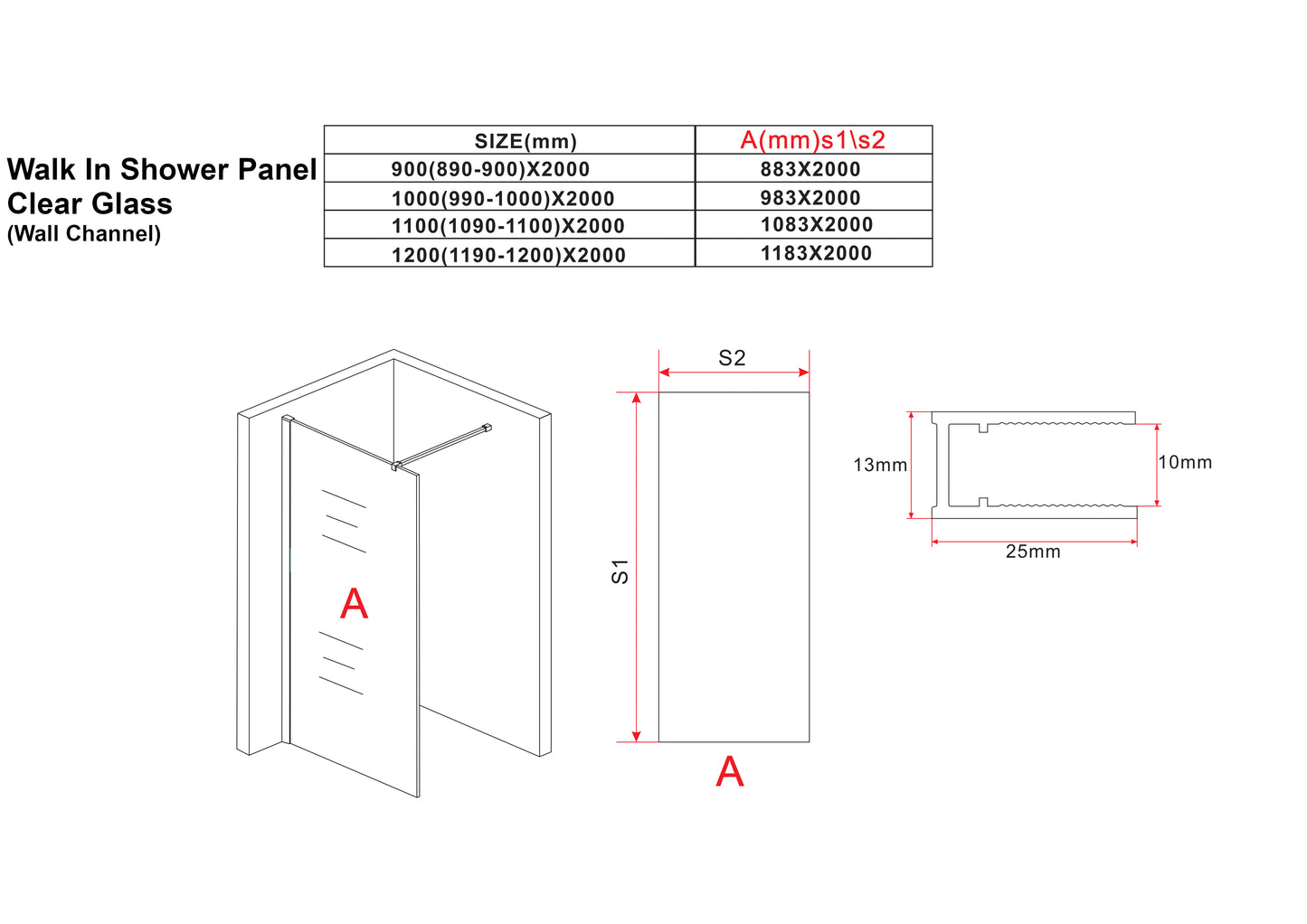 Walk In Shower Panel - Clear Glass with Wall Channel