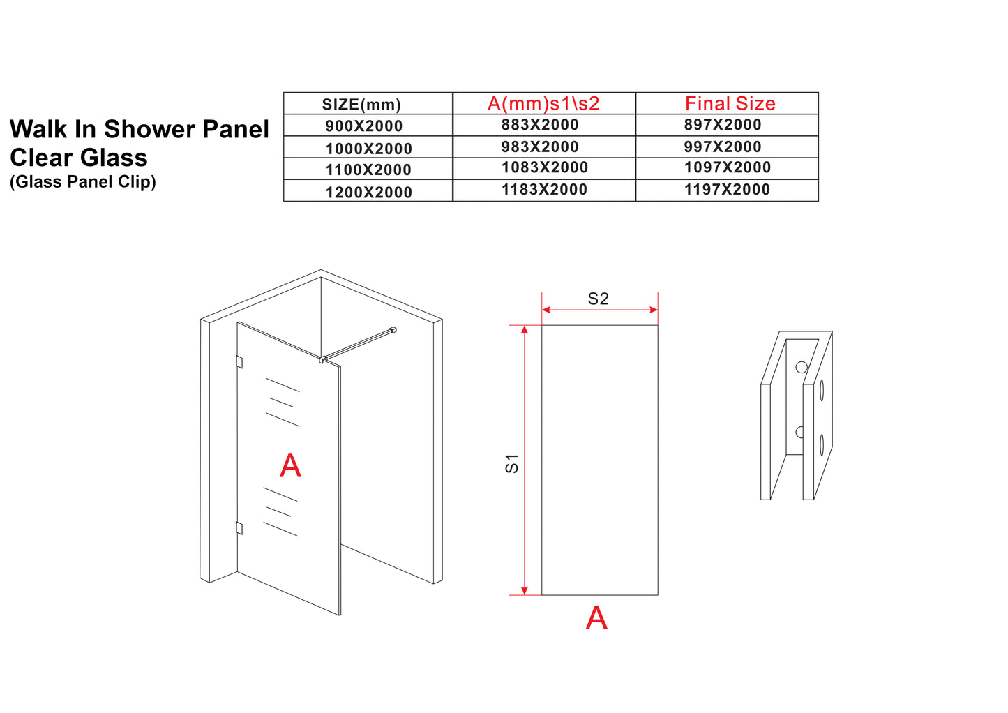 Walk In Shower Panel - Clear Glass with Clamp