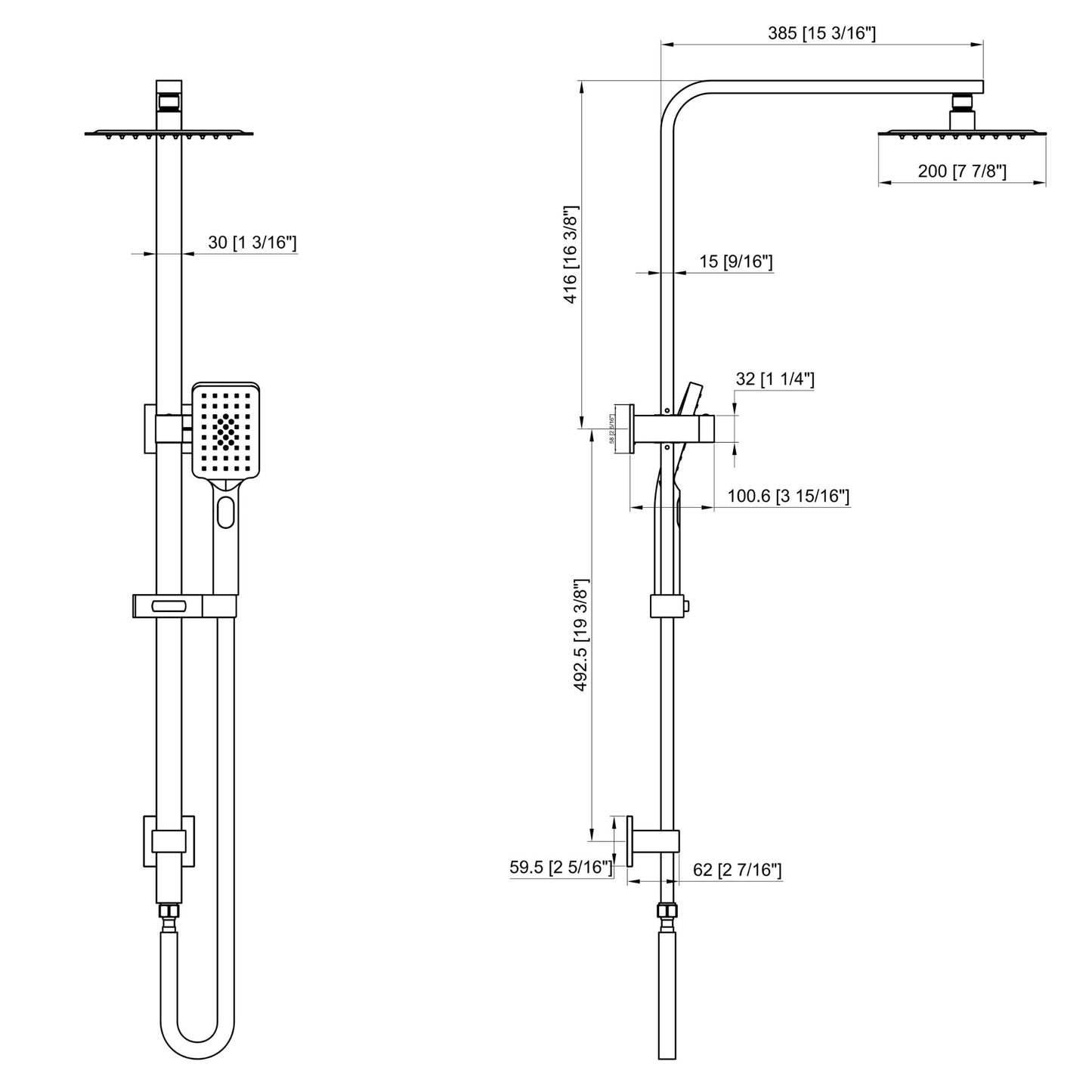 Luana Interiors - Square Multi Function Twin Rail Shower in 3 Selectable Colors (Top inlet)